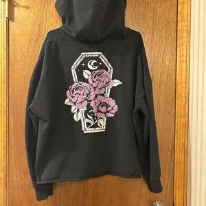 Black cropped Hoodie with purple Floral Coffin Graphic